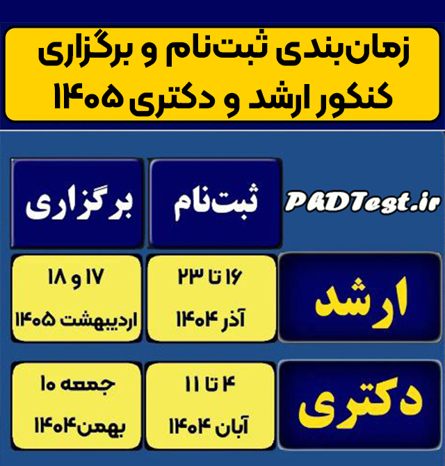 زمانبندی ثبتنام و برگزاری
کنکور ارشد و دکتری ۱۴۰۵